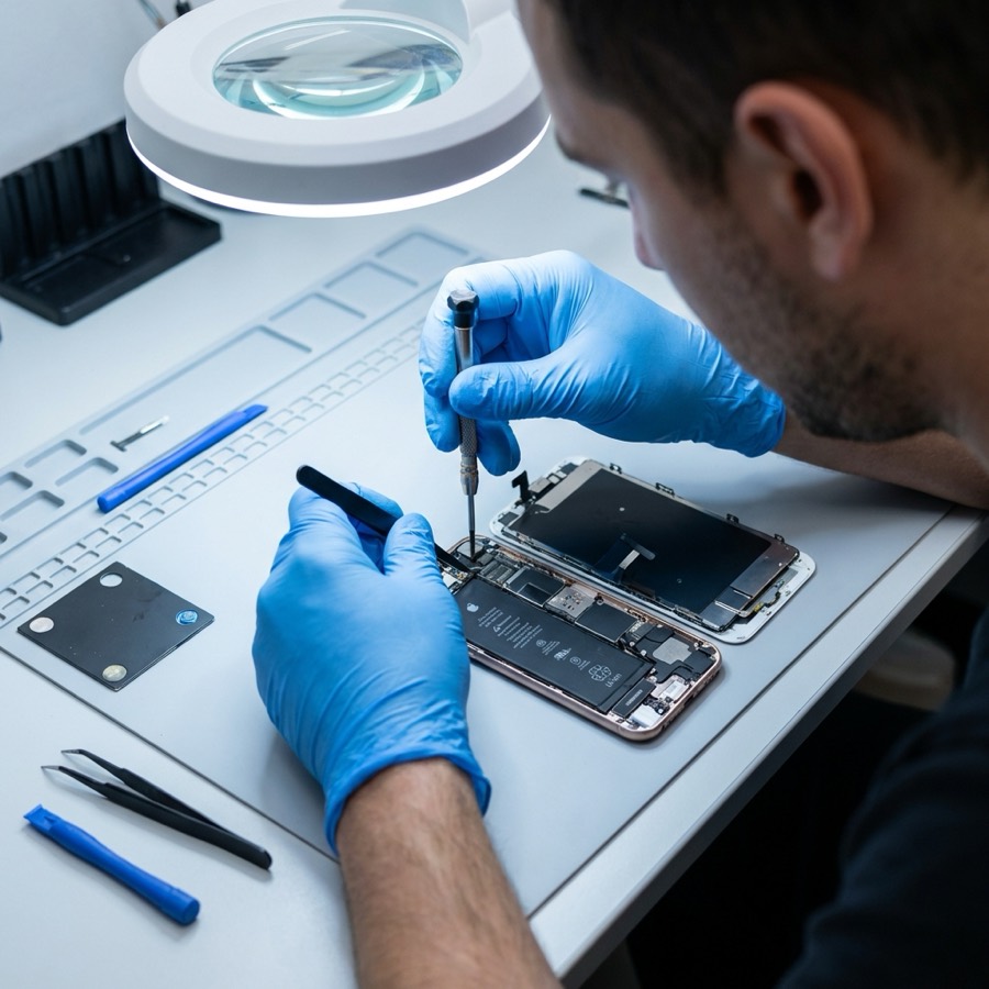 Technician repairing an iPhone at the Repair Advice workbench