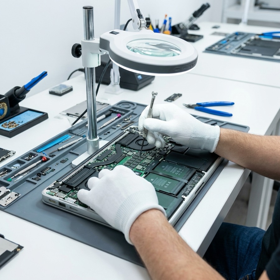 MacBook logic board repair on the workbench